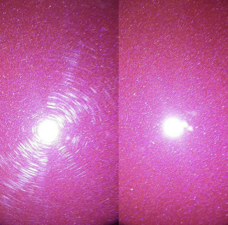 Split close-up of swirled paint beside the corrected finish under an inspection light