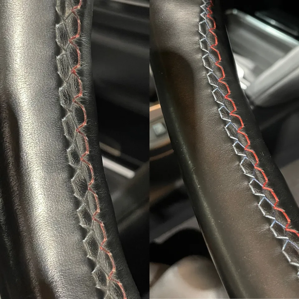 Steering wheel stitching before and after an interior clean